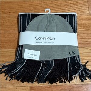Calvin Klein Black and Gray Striped Scarf and Hat Set